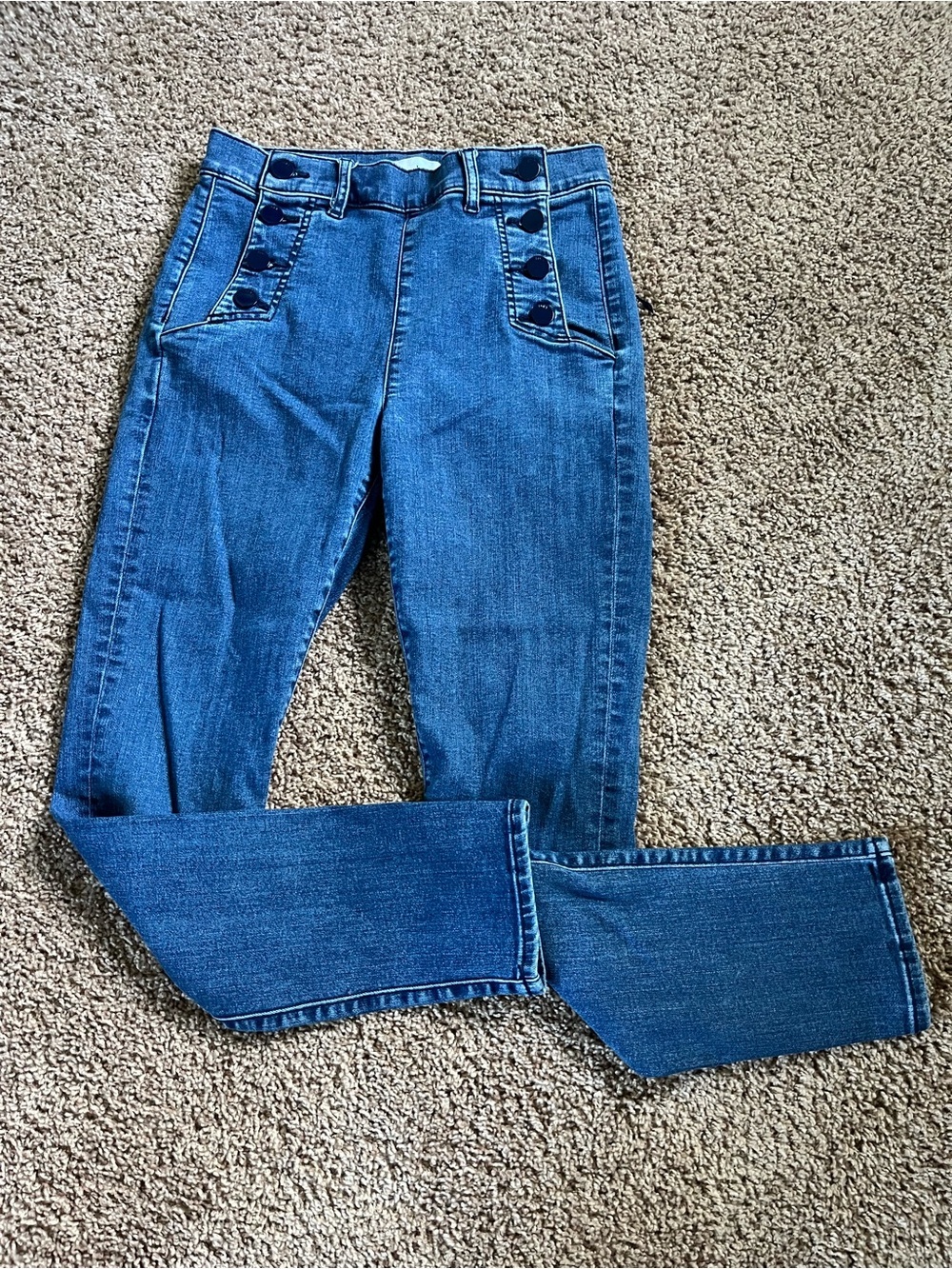 LOFT High-Rise Button-Front Jeans in Blue Denim